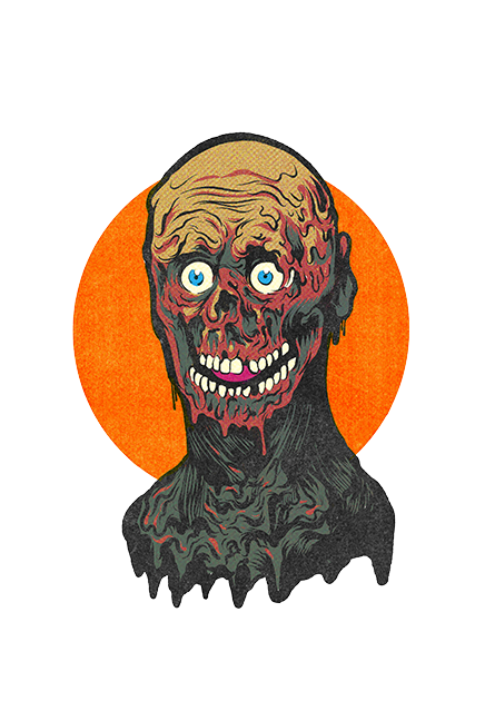 Wall decor. Orange circle background, illustration of Tarman zombie in front. Orange and red skeletal face with dripping flesh, blue eyes, mouth slightly open showing teeth and tongue.  Black, gray and red neck and upper chest.  