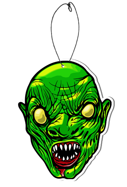 Air freshener. Illustration of bald creature with green wrinkled skin, large bright yellow eyes, mouth open showing red gums and sharp white teeth, blood dripping from mouth.