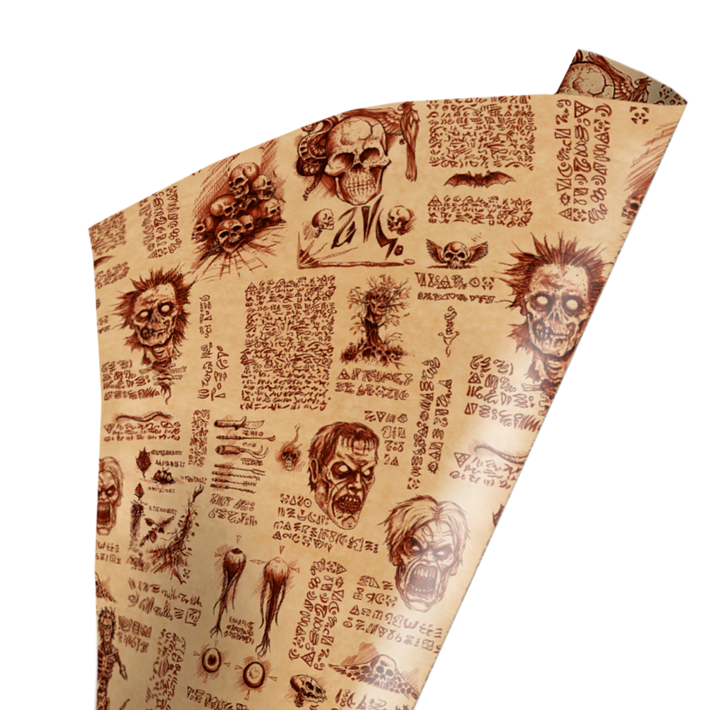 Necronomicon Wrapping paper.  styled to look like aged drawing and writings from the Book of the Dead.