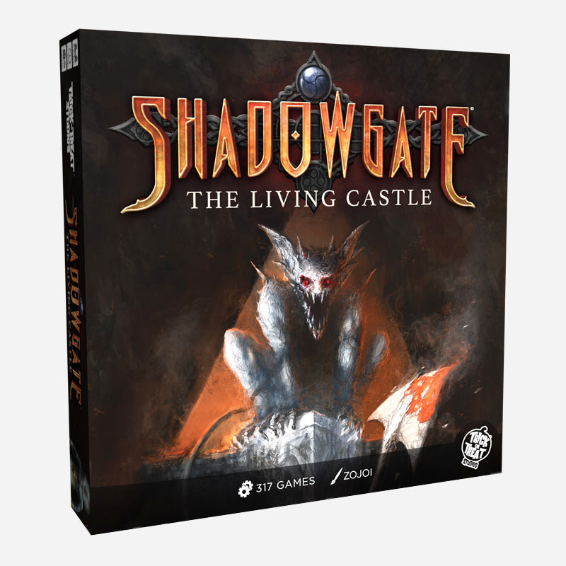 Game box front. Red-eyed demon sitting atop a castle.  Text reads Shadowgate, the living castle, 317 games, Zojoi.  White Trick or Treat Studios logo.