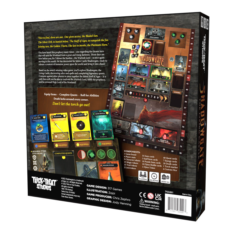 Back of game box, showing content of game, manufacturing and licensing information.