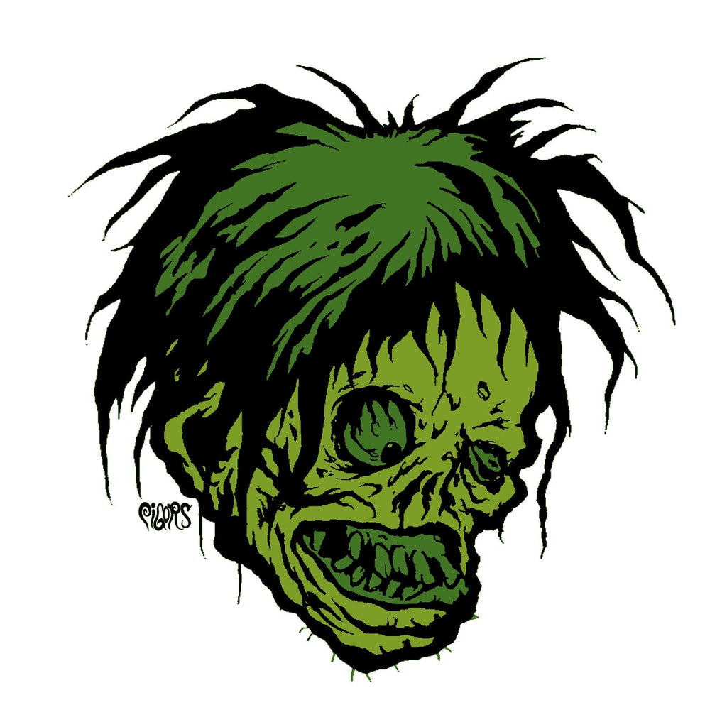 Air freshener.  Air freshener. Black and green bushy hair, Green flesh. Bulging right eye, missing left eye and nose. Snarling mouth with green crooked teeth.