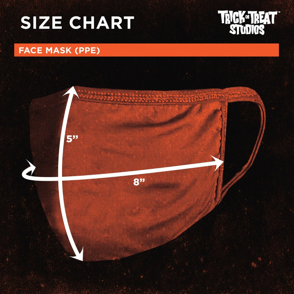 Black background, orange accents. White text reads Size chart, Trick or Treat Studios, Face Mask (ppe), image of face mask with measurements shown, vertical 5 inches, horizontal 8 inches.