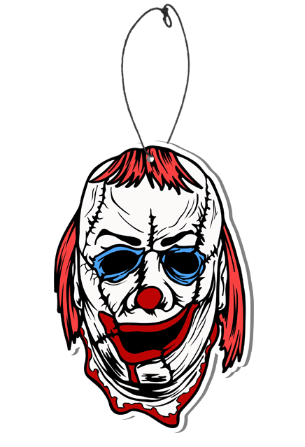 Air freshener. Clown mask, pieces stitched together. white skin, red nose, grotesque wide red mouth, blue rings around eyes. sparse shaggy red hair on forehead and over ears.