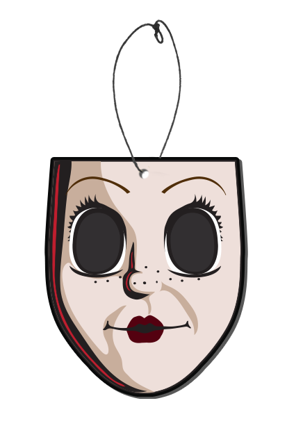 Air freshener.  Illustration of dollface mask. Large empty black eyes with spiky eyelashes.  Thin brown eyebrows. Freckles on nose and cheeks, smiling mouth with small red lips.