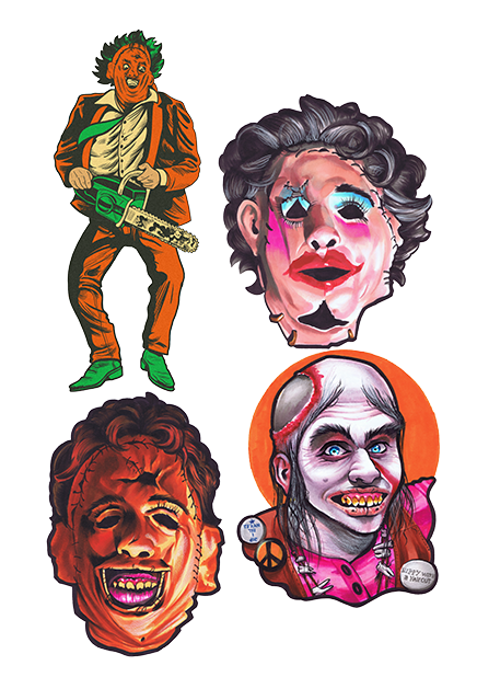 Wall decor. 4 pieces. Top left, posable decor, Leatherface in orange suit holding green chainsaw.  Top right patchwork mask made of skin wearing makeup, dark hair. Bottom left, Patchwork mask made of skin, brown hair, hole in forehead. Bottom right, orange circle background, person with stringy hair, bright blue eyes, mouth smiling with large gums, yellow teeth, wearing orange and pink top with 3 decorative pins, necklace made of teeth.