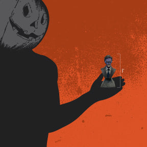 Orange background. Person wearing black, jack o' lantern head, holding mini bust to show size, 5 inches