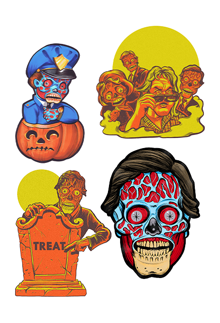 They Live, static wall decor, 4 pieces.  Top left, Alien in police uniform sitting in jack o' lantern.  Top right, Yellow circle background and yellow mist, 3 aliens, one human with sunglasses.  Bottom left, yellow circle in background, alien pointing to text on gravestone in foreground, black text reads treat.  Bottom right, They live alien face.