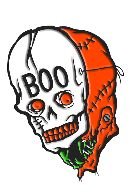 Enamel pin.  Illustration of stitched orange monster face, flathead screw in jaw, sharp green teeth.  Wearing a white skull mask, orange eyes and teeth, black text on forehead reads Boo