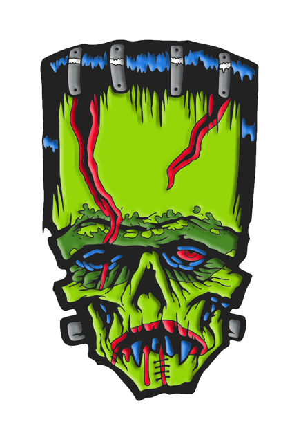 Enamel pin.  Illustration of Frankenstein-like monster face. Black hair with blue highlights, elongated forehead, flat head.  Green skin, Large wounds on both sides of forehead, wound on right side runs down through right eye.  Blue rimmed red left eye.  No nose, down-turned red mouth, blood dripping, sharp blue teeth.  Silver metal posts on sides of neck.