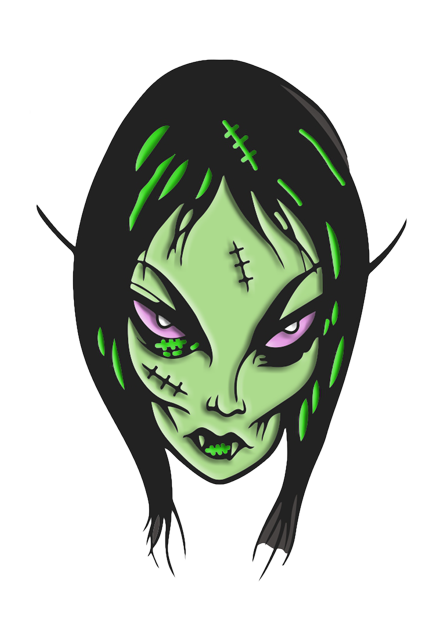 Enamel Pin.  Illustration of female vampire-like face.  Black hair, bright green highlights.  Light green face, black stitches on forehead and right cheek.  High black eyebrows, black rimmed purple eyes, white pupils.  Small nose, pronounced cheekbones.  Black lips green highlights two white fangs.