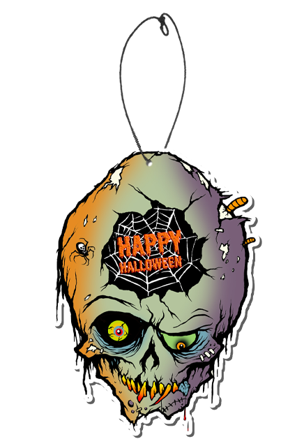 Air freshener. Skull like face, bald with orange, gray and purple skin. Black and white spider web on forehead orange overlayed text reads Happy Halloween.  Black spider on right side of head, orange worms protruding from left side of head. Blue under eyes, yellow right eye, green left eye, no nose, red and orange teeth.