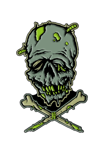 Enamel pin. Gray skull-like face, drooping. Green worms coming from head and right eye, green teeth. Above two crossed bones, tied at cross with green rope.