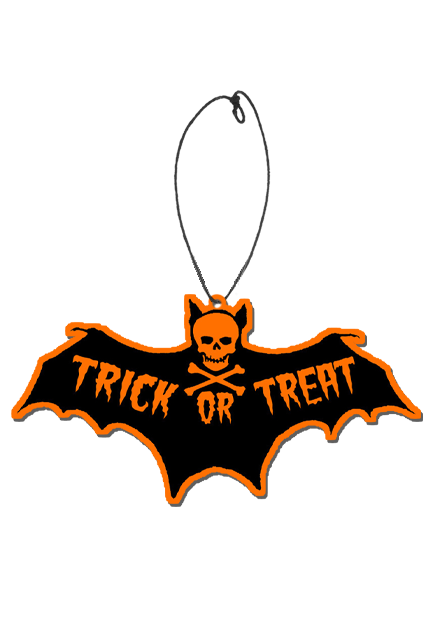 Air freshener. Black bat, orange outline, skull and crossbones for face, orange text reads Trick or Treat.