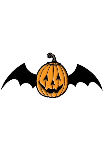 Enamel pin.  Illustration of a smiling orange jack o' lantern with black bat wings.