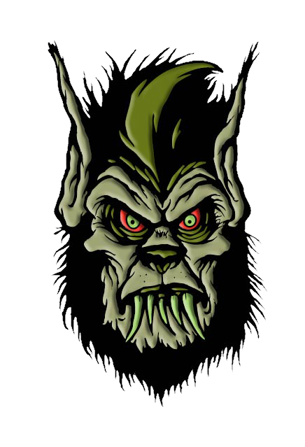 Enamel PIn.  Illustration of werewolf face.  Gray skin on face and tall pointed ears,  surrounded by black fur with green stripe.  Prominent brows and cheek bones, green rimmed red eyes, green wolf nose.  5 Sharp curved fangs.