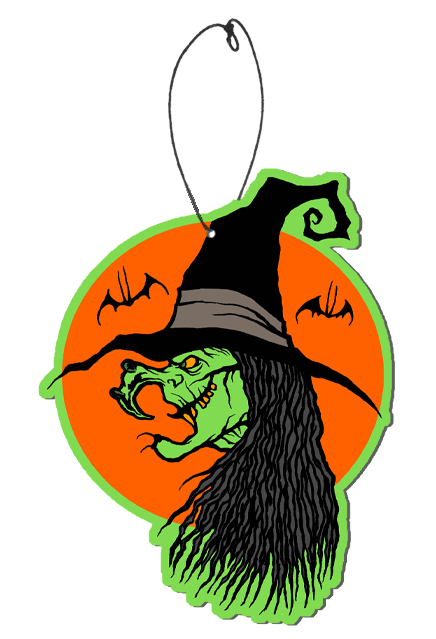 Air freshener. Orange circle background with bat silhouettes, Green creepy witch left side profile, black hat with curly point, long black hair.