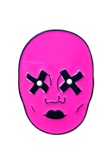 Enamel pin.  Illustration of face mask, Bright pink face with black X eyes, black lips