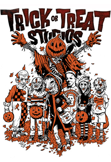 Illustration, orange, black white and green, Several monsters. Text reads Trick or Treat.