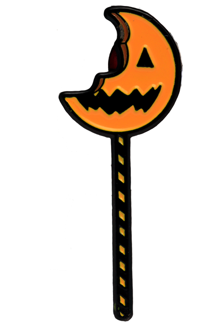Enamel pin. Orange, circle,  jack o' lantern face with black and orange striped stick, with a bite taken out of the top left.
