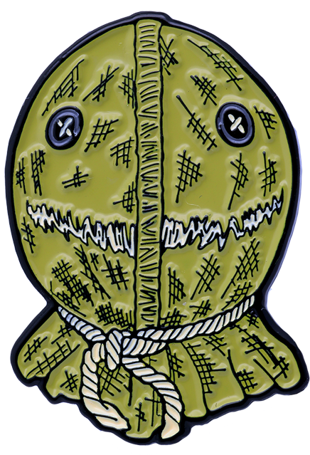 Enamel pin. Trick r' treat Sam head, burlap face black button eyes, stitches for mouth, rope tied at neck.