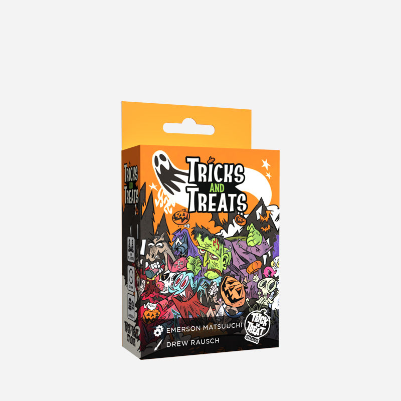 Tricks and Treats product packaging.  Box with illustrations of several cartoonish monsters.  Text reads Tricks and Treats, Emerson Matsuuchi, Drew Rausch, white Trick or Treat Studios logo.