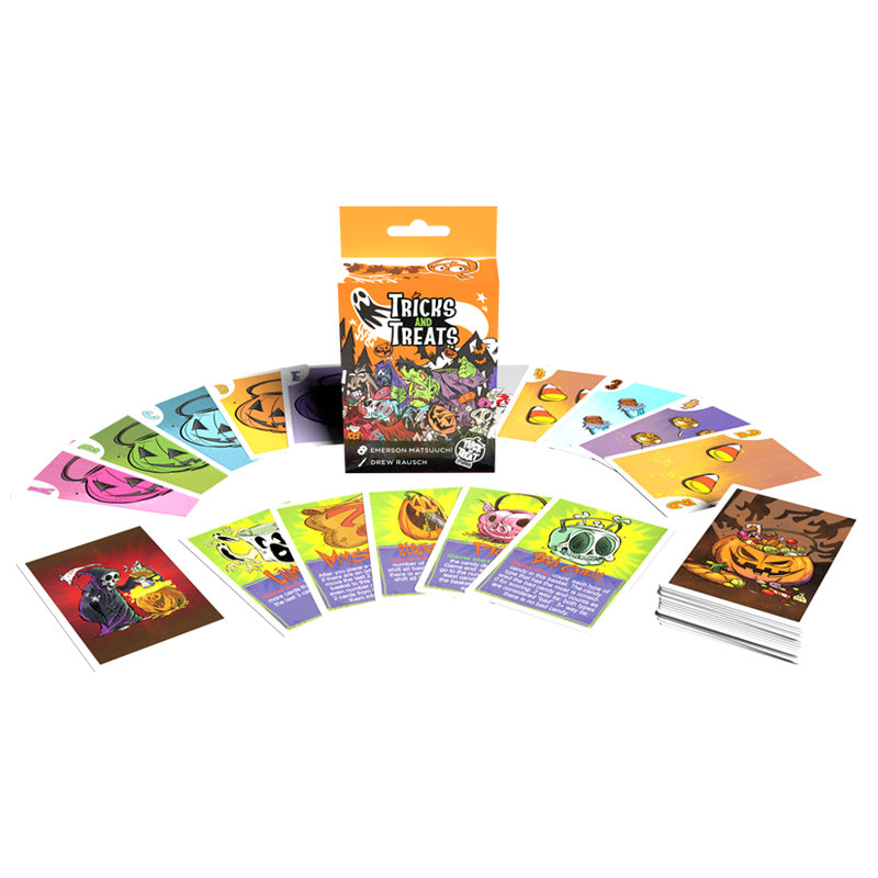 Product packaging surrounded by multiple cards from the game.