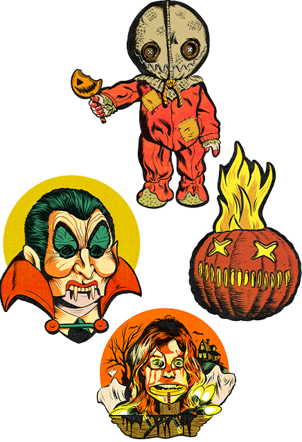 Wall decor, 4 pieces. Top center, Sam, burlap sack mask, orange coveralls, holding bitten lollipop.  Left, yellow circle background, vampire face, red collar.  Right, flaming jack o' lantern yellow x eyes, straight hashmarks for the mouth. Bottom, orange circle, tree, house, and bats in background, person with distorted face in foreground.