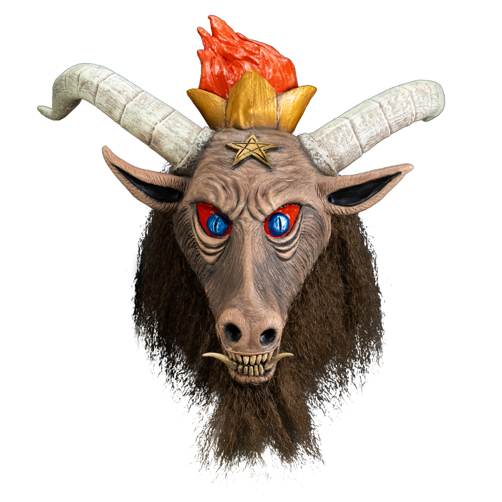 Slayer, Baphomet mask, front view. Brown goat face, Large white horns, blue and red eyes, prominent dirty teeth, with two large bottom tusks. Brown shaggy fur around neck. Gold pentacle on forehead. Wearing gold crown with orange flames coming out of it.