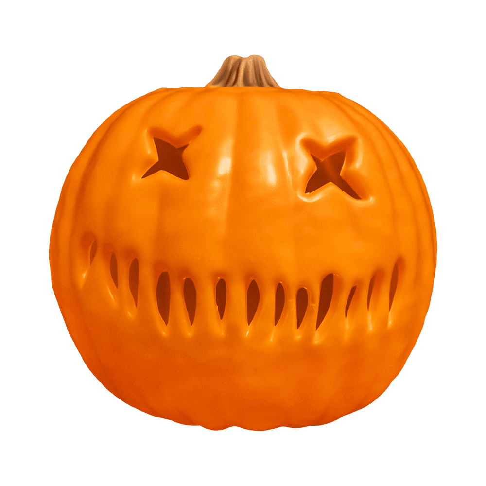 Light up pumpkin prop, front view. Orange jack o' lantern face. Two x eyes, several straight hash marks for the mouth. 