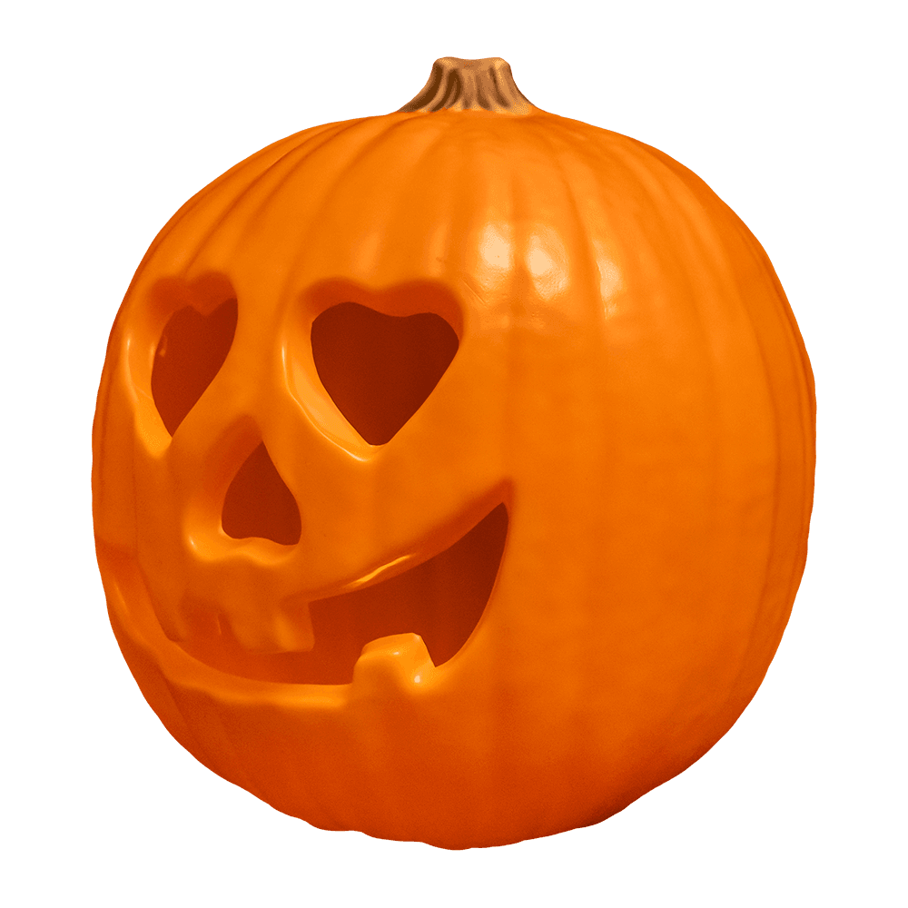 Left side view. Halloween 2018, plastic, orange light up pumpkin prop, jack o' lantern face with heart-shaped eyes, lit tealight.