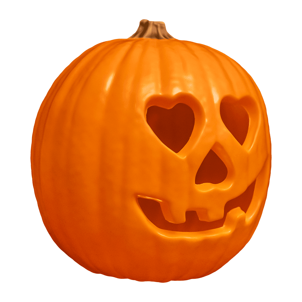 Right side view. Halloween 2018, plastic, orange light up pumpkin prop, jack o' lantern face with heart-shaped eyes, lit tealight.