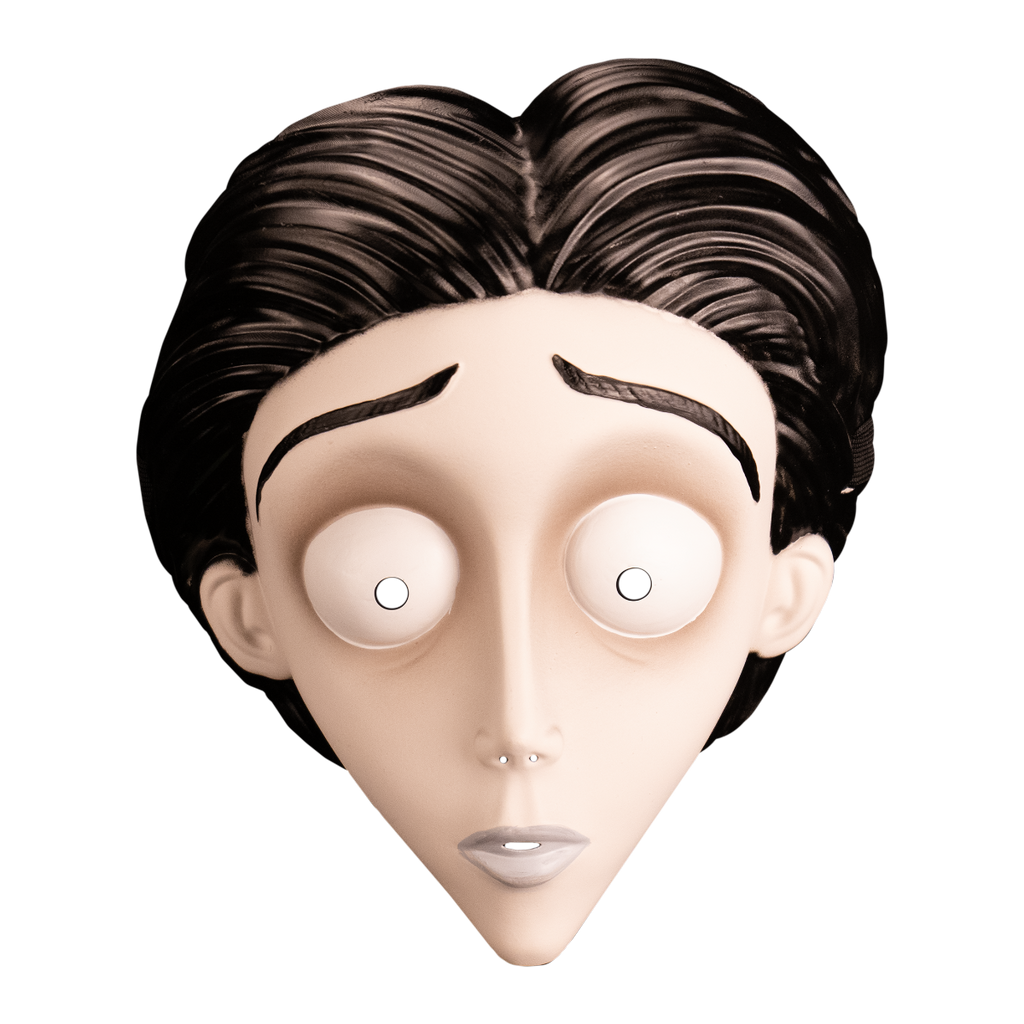 Front view Face mask. man with dark brown hair, large thin eyebrows.  large eyes, small nose, pale lips, pointed chin.  