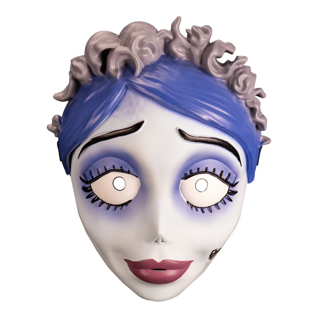 Front view Face mask.  Woman with side parted, blue hair, gray frills on top.  White skin, black eyebrows, large eyes with prominent eyelashes, small nose, plump pink lips, scar on left cheek.