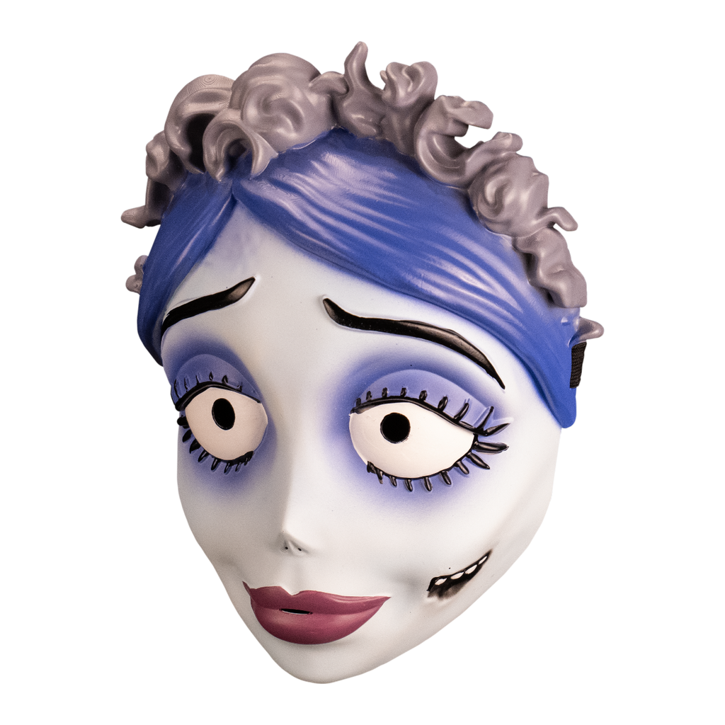 left side view Face mask. Woman with side parted, blue hair, gray frills on top. White skin, black eyebrows, large eyes with prominent eyelashes, small nose, plump pink lips, scar on left cheek.