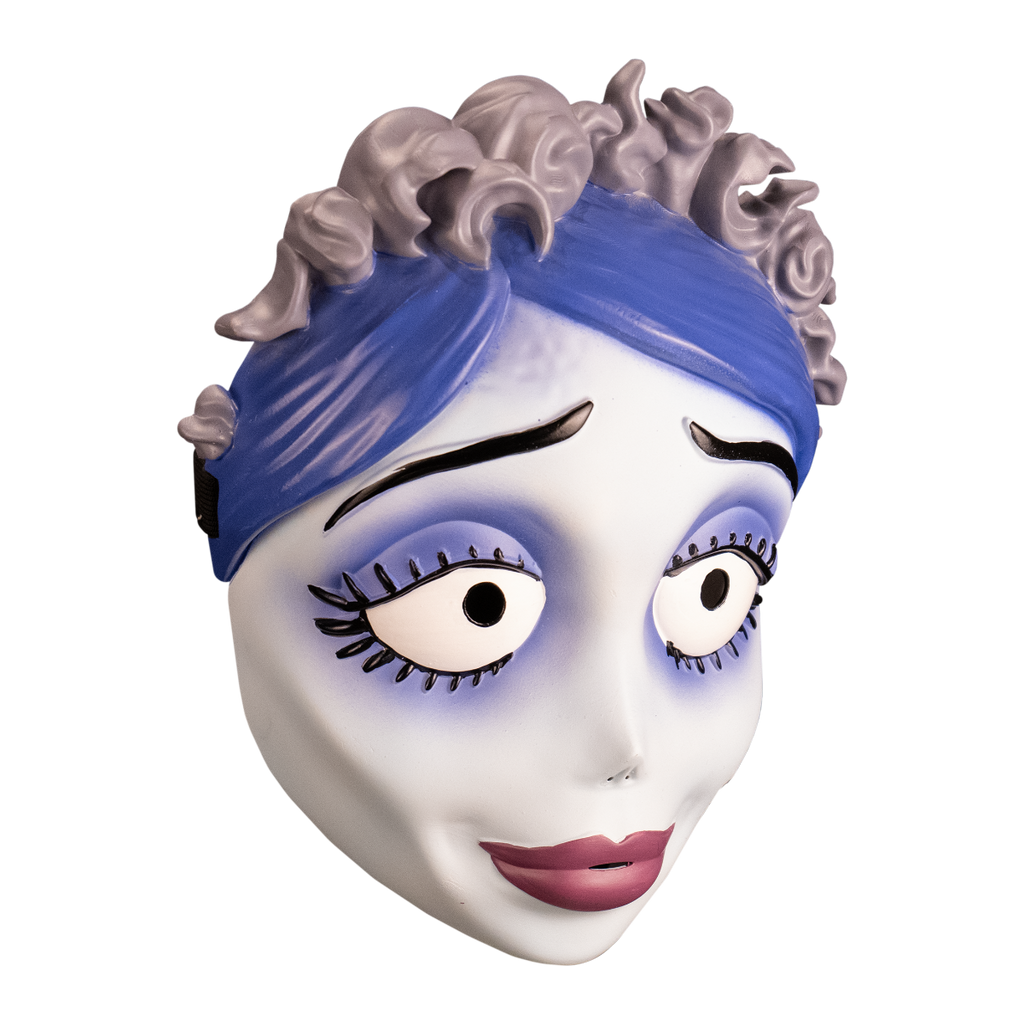 Right side view Face mask. Woman with side parted, blue hair, gray frills on top. White skin, black eyebrows, large eyes with prominent eyelashes, small nose, plump pink lips, scar on left cheek.