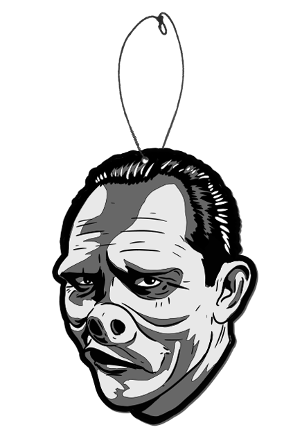 Air freshener. Black and white illustration, man's head and neck.  Black hair, dark around eyes, pug nose, crooked mouth. 