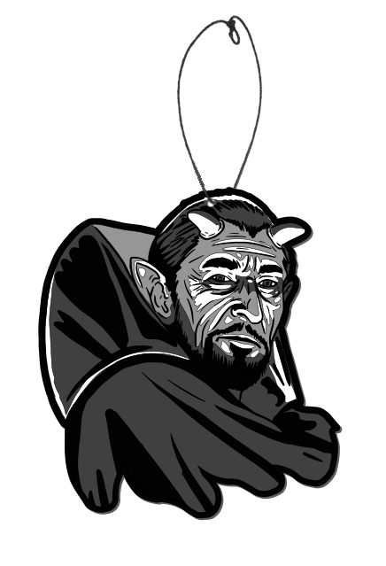 air freshener. Black and white illustration. Man head and shoulders. Dark hair, 2 horns on head, large pointy ears, beard and moustache, wearing high-collared cape.