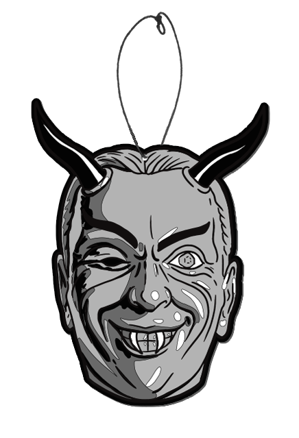 Air freshener. Black and white illustration, man's head and neck. Gray hair, black horns on forehead, Black eyebrows, dark slightly closed right eye, left eye wide open, smiling mouth, two white fangs.