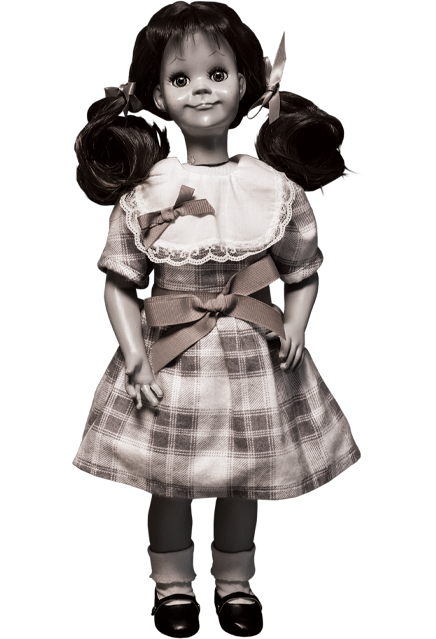 Black and white toned, Talky Tina doll wearing plaid dress, with bow at waist, black hair in two ponytails with bows. Black shiny dress shoes, white socks.