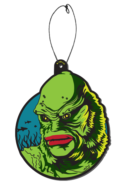 Air freshener. Blue circle background, black outline, silhouette of fish and seaweed in background. Green fishman face, red lips yellow eyes.