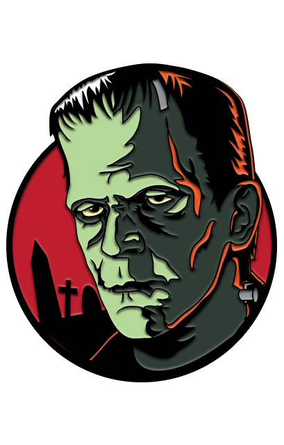 Enamel pin.  Red circle background, gravestone silhouettes.  Green Frankenstein face and neck, black hair, orange highlights, metal bolt on neck.