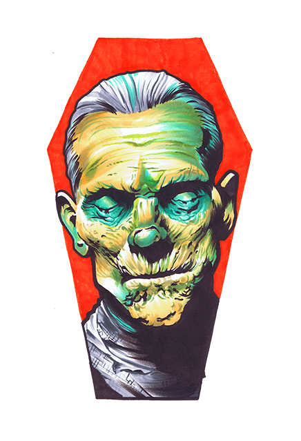 Wall decor.  The Mummy, coffin shaped, orange background.  Wrinkled green and tan skin, gray hair, green circles around closed eyes, gray bandages around neck.