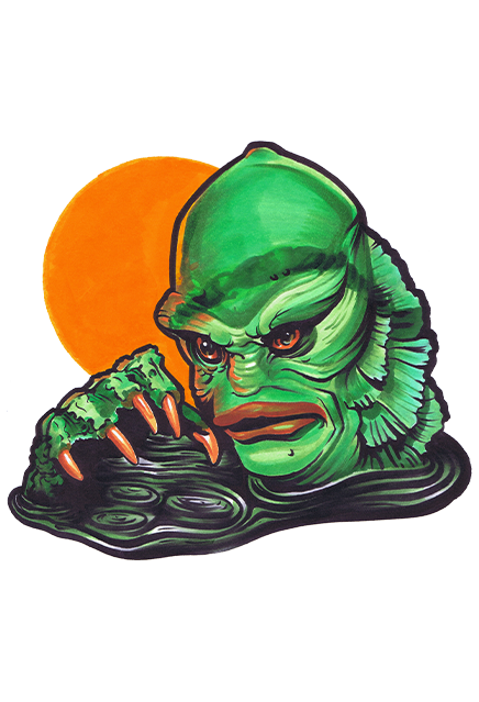 Wall Decor, the Creature from the Black Lagoon.  Orange circle in the background,  Green fishman face, red lips, red-orange eyes. Green hand with orange nails, rising out of black water.