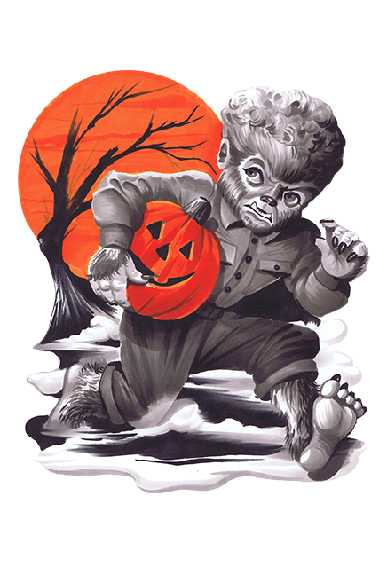 Wall decor. Orange circle and black bare tree in background, black and white cartoonish illustration of the Wolfman, furry head, face, hands, legs and feet. Large eyes, black nose, white fangs. Holding orange jack o' lantern under right arm. Wearing shirt and pants, black pants, claws on hands and bare feet.