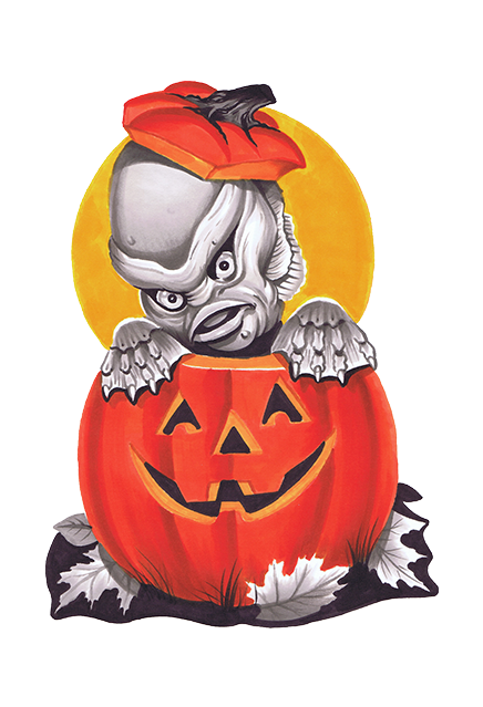 Wall decor. Yellow circle background, black and white cartoonish illustration of the Creature from the Black lagoon, Fishman face and webbed hands with claws coming out of an orange smiling jack o' lantern, lid with stem on the Creature's head.  Black and white oak leaves at bottom. 