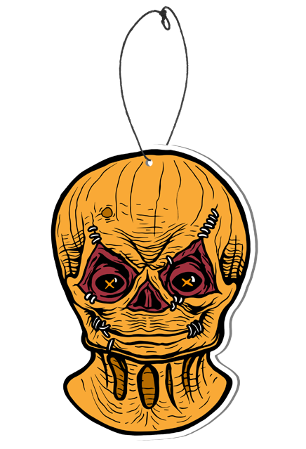 Air freshener. white outline. Orange skull-like jack o' lantern face, stitches above eyes and sides of closed mouth.