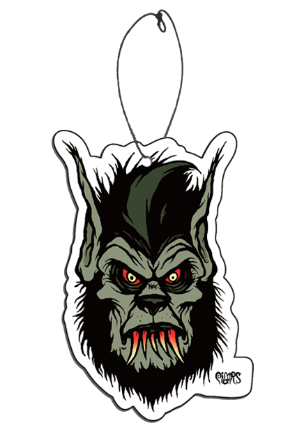 Fear freshener. Illustration of werewolf face. Light gray skin on face and tall pointed ears, surrounded by black fur with gray-green stripe. Prominent brows and cheek bones, green rimmed red eyes, gray wolf nose. 5 Sharp curved red-orange fangs.